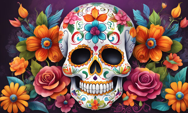 Sugar Skull Flowers Fiesta Digital Art Graphic, Festival Wall Art Banner Website Design Background - ai generated