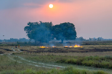 Sunset Over Farmland with Burning Fields and Smoky Horizon