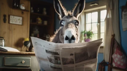 Tuinposter shocked donkey reading a newspaper © zayatssv
