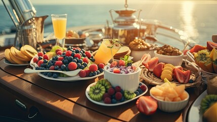 A beautifully set breakfast table on the deck of a luxury motor yacht, bathed in sunlight,...