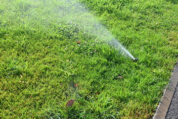 automatic lawn watering, automatic lawn watering system, automatic lawn watering water jet automatic lawn watering green lawn on a bright sunny day with a splash of water 