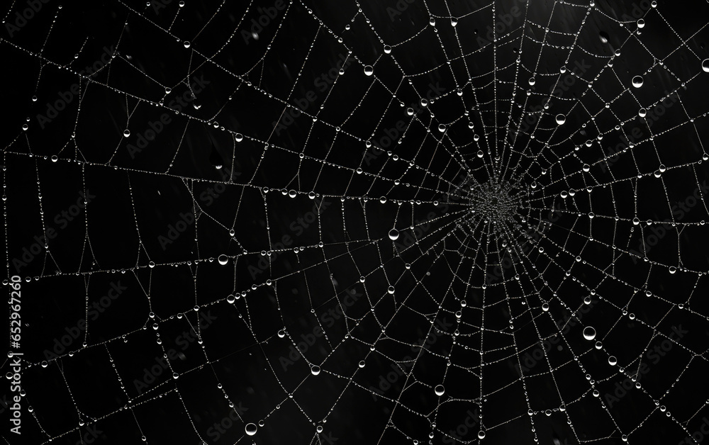 Wall mural fog droplets in a spiderweb. generative ai