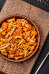 Delicious pickled honey mushrooms with salt and spices in a ceramic plate