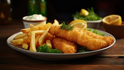 A delicious plate of two golden battered fish fillets served with crispy french fries on a rustic wooden background, creating a mouthwatering meal. - obrazy, fototapety, plakaty