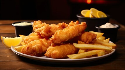 A delicious plate of two golden battered fish fillets served with crispy french fries on a rustic...