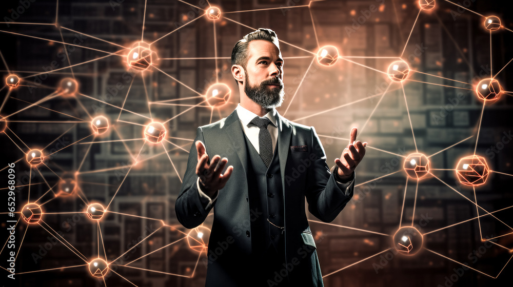 Aufkleber an executive studies blockchain technology in an educational setting.
