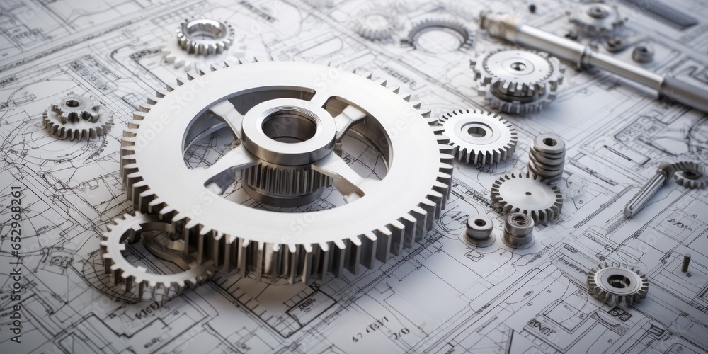Poster Gears and Blueprints Artfully Assembled on a White Table, Showcasing Precision and Creativity in Technical Design and Innovation