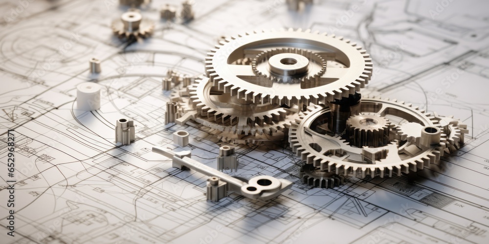 Poster gears and blueprints artfully assembled on a white table, showcasing precision and creativity in tec