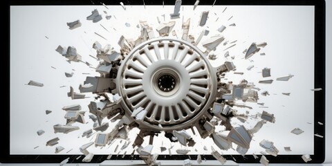 Computer Monitor Explodes with Gears on a White Background, Symbolizing Tech Support and IT Assistance in the World of Information Technology