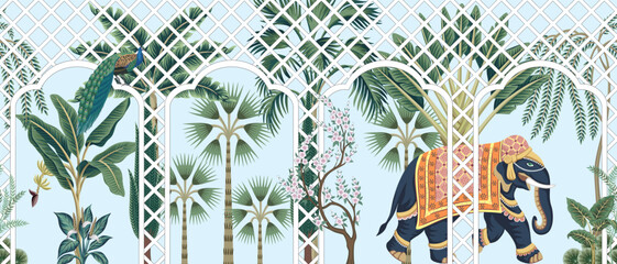 Indian elephant, palms, banana tree, peacock bird tropical mural. Border with pergola. - 652968495