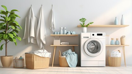 A washing machine stands against a pristine white wall. Beside it, there's a basket filled with laundry, detergents neatly arranged, a healthy ficus plant, and a stack of fresh towels, creating