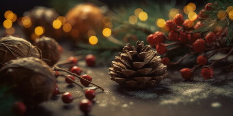 Pine Cones, Red Christmas Berries and fir tree branches on a Wooden Table. Christmas Decorations in Eco Friendly Style