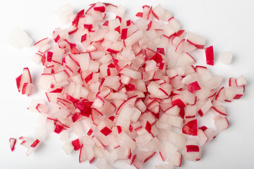 Chopped Radis Roots Isolated, Red Radish Root Cuts, Diced Red Radishes, Sliced Radis on White Background