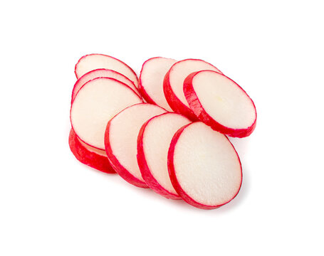 Sliced Radish Roots Isolated, Red Root Round Cuts, Red Radishes Slice Pile, Radis Cross Sections on White