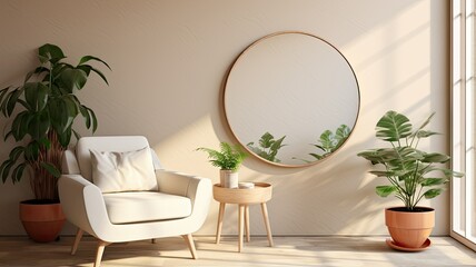 A round mirror adorns the wall of a contemporary living room, positioned above an inviting armchair. A lush potted plant brings a touch of nature into the space, creating a harmonious - obrazy, fototapety, plakaty