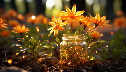 Vibrant flowers blossom in a jar, bringing nature beauty indoors generated by AI
