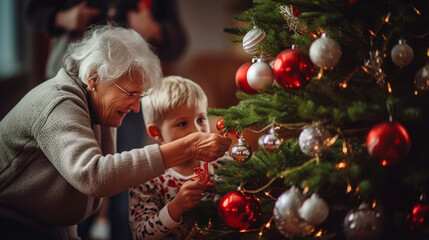 A Heartwarming Moment: Kids Decorating the Christmas Tree with Grandma, decorated Christmas tree, with copy space