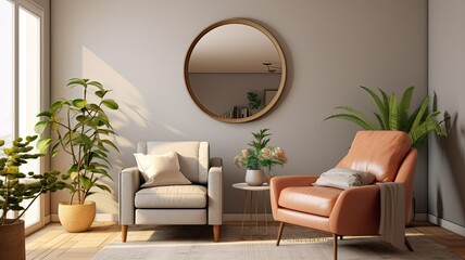 A round mirror adorns the wall of a contemporary living room, positioned above an inviting armchair. A lush potted plant brings a touch of nature into the space, creating a harmonious
