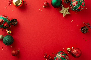 Holiday Ensemble: Overhead perspective of stylish tree ornaments, red, green, and golden balls,...