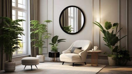 A round mirror adorns the wall of a contemporary living room, positioned above an inviting armchair. A lush potted plant brings a touch of nature into the space, creating a harmonious