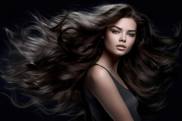 Close up of a Luxury portrait of a beautiful woman with long hair and a black background.