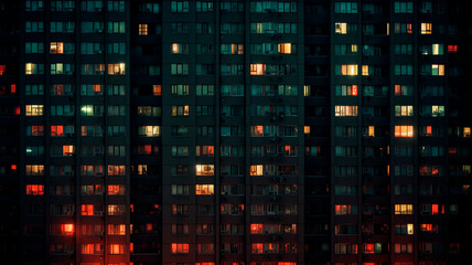 Night view of apartment building windows, an indicator of neighborhood and social life. Generative AI