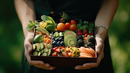 A woman's hand delicately holds a lunch box filled with a healthy and colorful assortment of food. The table is set with care, creating a pleasing scene of balanced nutrition. - obrazy, fototapety, plakaty