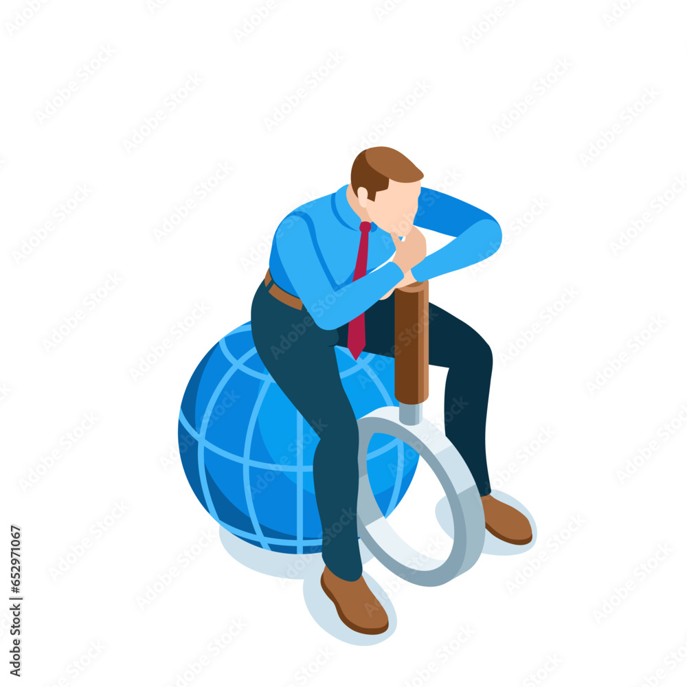 Poster isometric business man with a magnifying glass sits thoughtfully on a globe, in color on a white bac