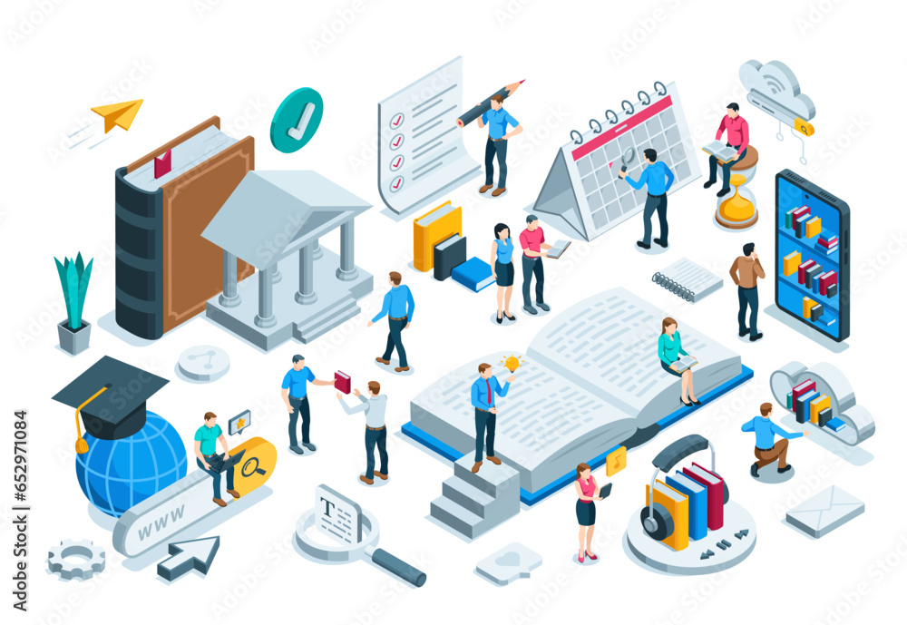 Poster isometric concept on the topic of reading and learning, in color on a white background, people read 