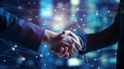 A seasoned businessman warmly shakes hands with a partner, sealing a collaborative pact. Meanwhile, an HR manager extends a welcoming hand to a new recruit, marking the beginning o - obrazy, fototapety, plakaty