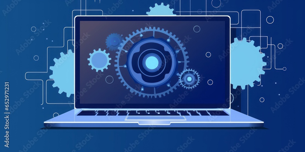 Poster laptop computer featuring a prominent gear icon on a clean white background, symbolizing the interse