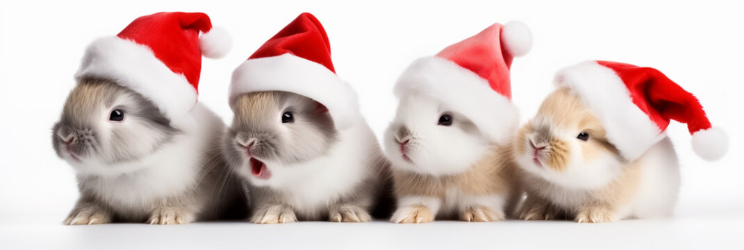 Four funny little rabbits in Christmas hats. Christmas or new year concept with rabbits in red Santa Claus hats
