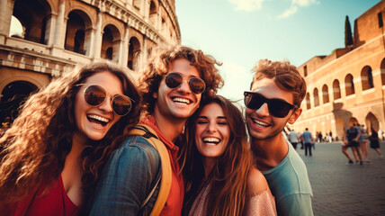 Tourists sightseeing: A group of smiling tourists, splendidly dressed, taking pictures of themselves against the background of famous places of the world. Generative AI - obrazy, fototapety, plakaty