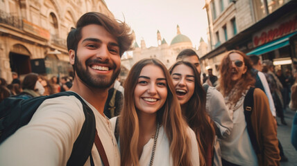 Tourists sightseeing: A group of smiling tourists, splendidly dressed, taking pictures of themselves against the background of famous places of the world. Generative AI