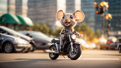 Cute cartoon mouse on a motorcycle
