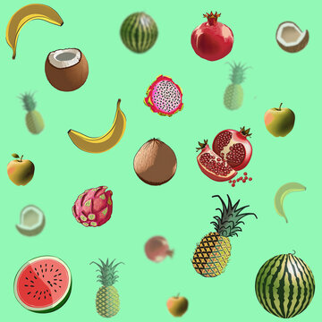 Seamless pattern, fresh, juicy tropical fruits. Many different fruits