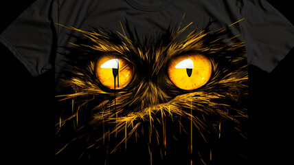 T-shirt design, glowing yellow eyes stare menacingly at you in the dark. Generative AI