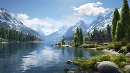 Fototapeta premium a serene coniferous forest stretching across rolling green hills beneath towering mountains. The summer landscape radiates tranquility and natural beauty.