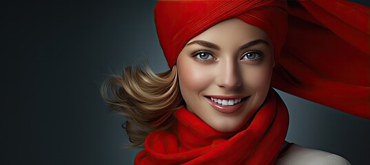 Happy young woman wearing red hat with scarf