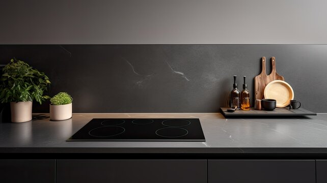 A black induction hob takes center stage on a modern gray kitchen countertop with a stylish gray backsplash. On the right, a water jug and glass add a touch of sophistication to the minimalist kitchen