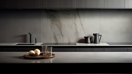 A black induction hob takes center stage on a modern gray kitchen countertop with a stylish gray...