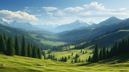 Fototapeta premium a serene coniferous forest stretching across rolling green hills beneath towering mountains. The summer landscape radiates tranquility and natural beauty.
