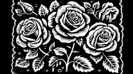 Black and white linocut postage stamp rose garden thick bold dark lines. Generative AI - obrazy, fototapety, plakaty