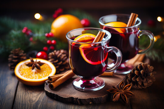 Christmas mulled red wine with spices and fruits on a wooden rustic table. Traditional hot drink at Christmas time.ai generative