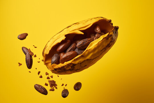 Cocoa pod flying in the air. Cracked and whole cocoa pod and beans levitate on yellow background. ai generative
