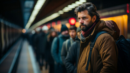 Obraz premium Man Commuting on Subway Platform During Rush Hour. Generative AI.