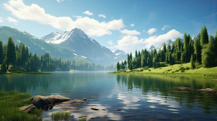 a serene coniferous forest stretching across rolling green hills beneath towering mountains. The summer landscape radiates tranquility and natural beauty.