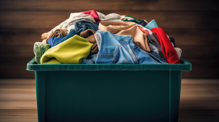 Recycle clothes concept. Recycling box full of clothes.
