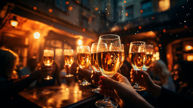 Friends Toasting with Sparkling Champagne Glasses, celebrating, raising, drink. Generative AI.