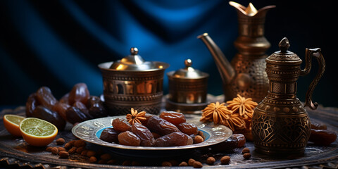 Traditional arabic coffee with dates . Ramadan decor with Arabian coffee set. ai generative